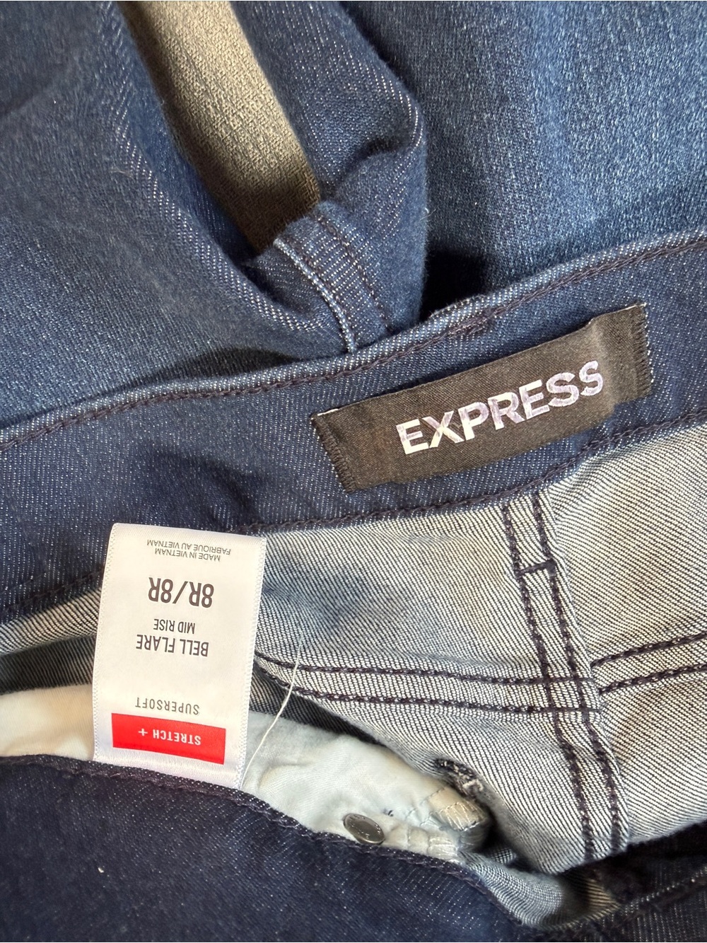 Express Super Soft Stretch+ Bell Flare Dark Wash Blue Women's Jeans - Picture 2 of 10